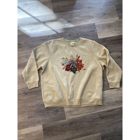 Vintage Cream Grandma Crewneck Sweater Size XL Double Collar Leaves Bow Stitched - Picture 2 of 5